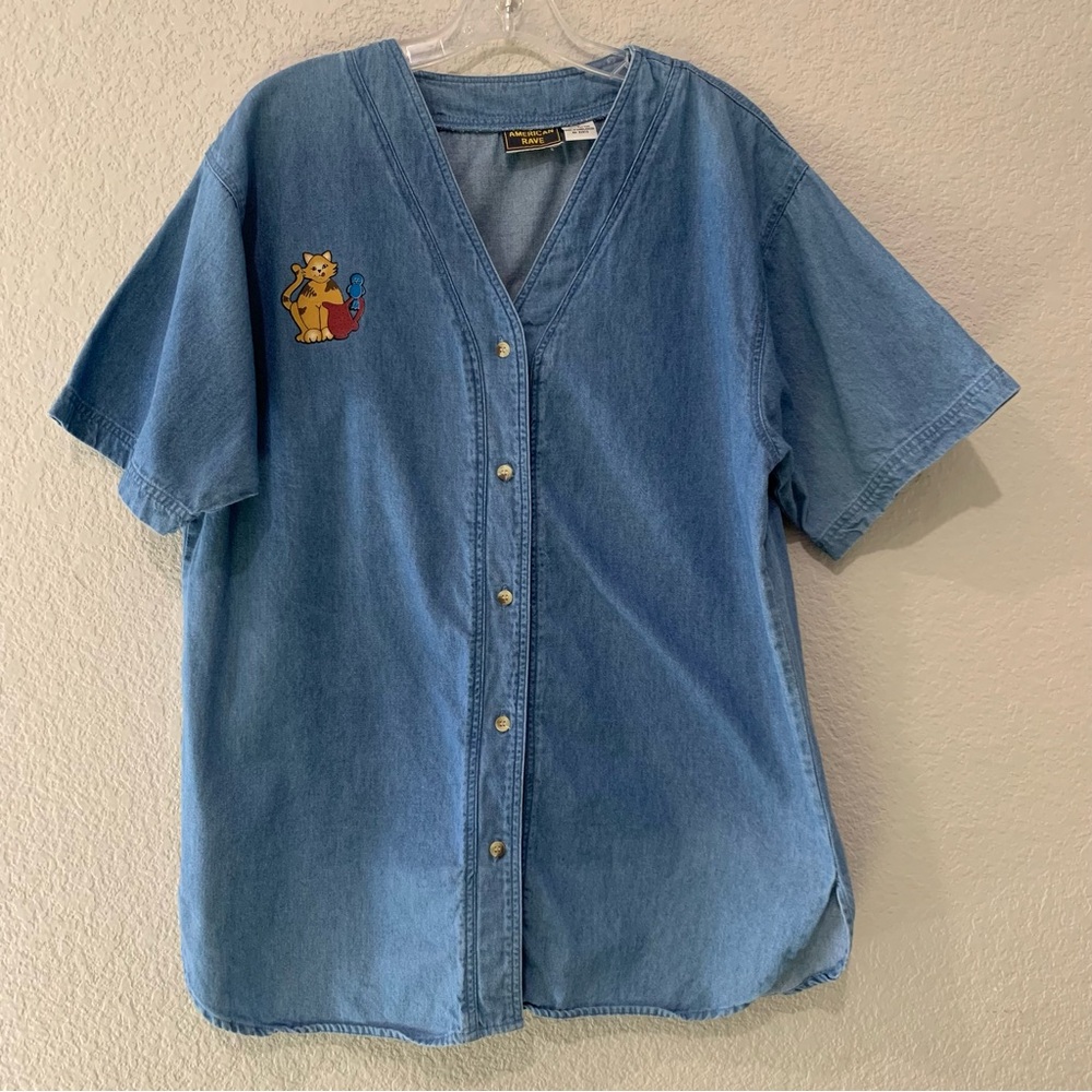 Vtg Cat Denim Shirt Womens L Novelty Button Up Short Sleeve